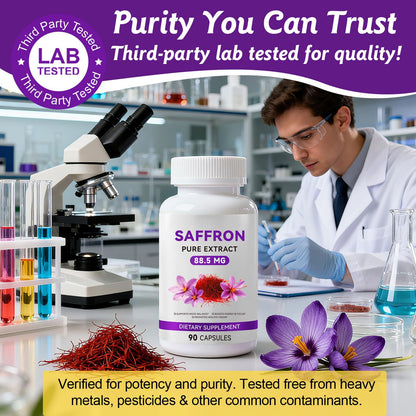 Close up of Daiasns saffron capsules on a clean background demonstrating vegan product format.