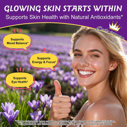 Daiasns premium saffron extract packaging detailing emotional wellness and vision support benefits.