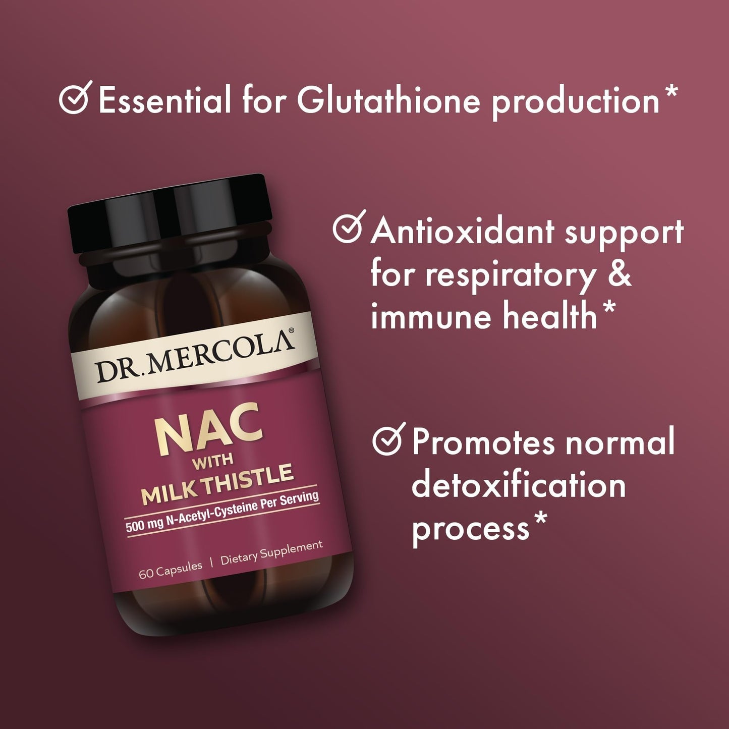 Dr. Mercola glutathione booster capsules bottle showing capsule count and serving size