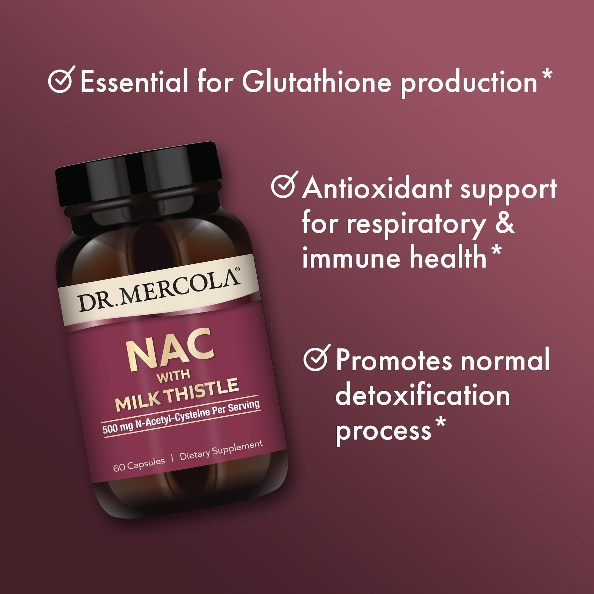 Dr. Mercola glutathione booster capsules bottle showing capsule count and serving size