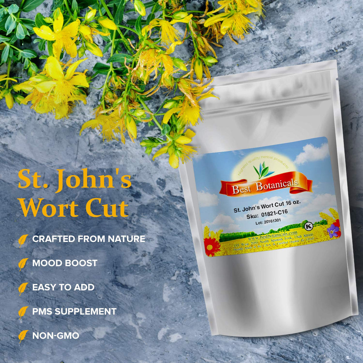 Close up of loose cut and sifted St Johns Wort dried herbal tea mixture from Best Botanicals.