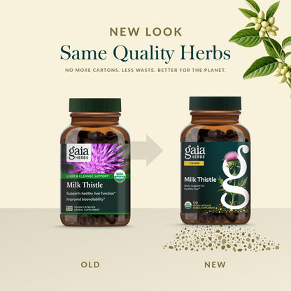 Authentic Gaia Herbs milk thistle bottle showing instructions and daily dosage