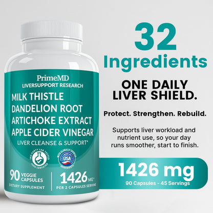 PrimeMD liver cleanse detox and repair capsule supplement showing back label ingredients list including milk thistle and beetroot