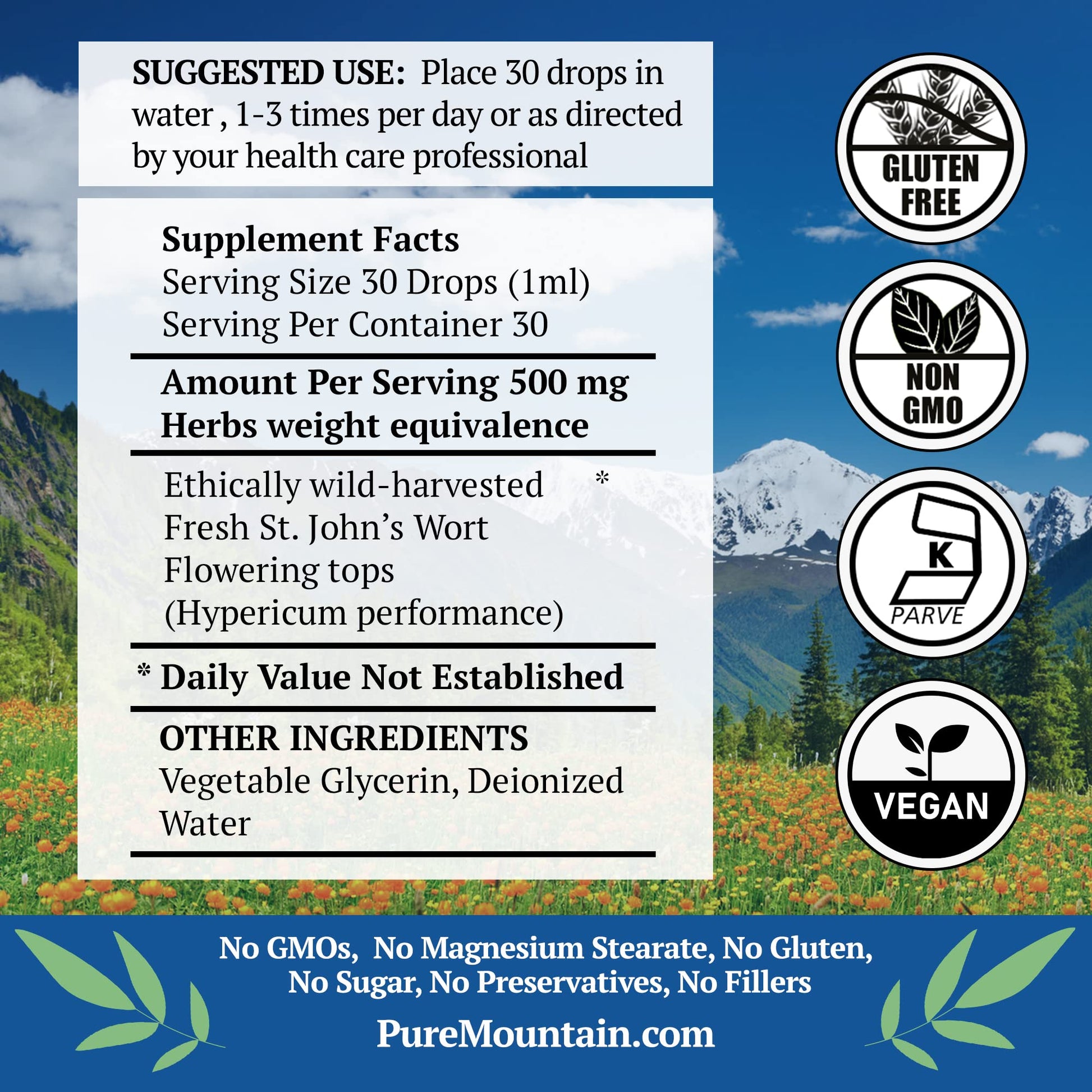 Side angle of the alcohol-free liquid herbal extract dropper bottle highlighting the vegan and kosher certifications.