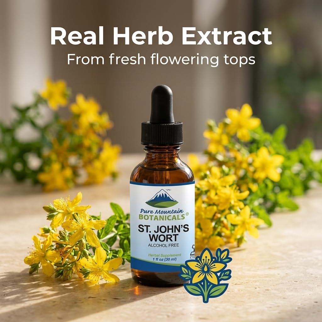 Back label of the 500mg St. John's Wort tincture detailing the vegetable glycerin ingredient list and serving instructions.