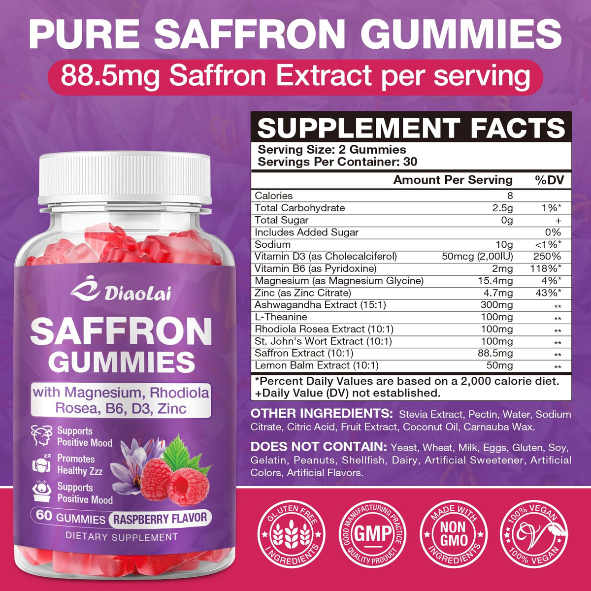 Youlikee Diaolai Saffron 120 Gummies supplement facts label displaying magnesium and rhodiola ingredients.