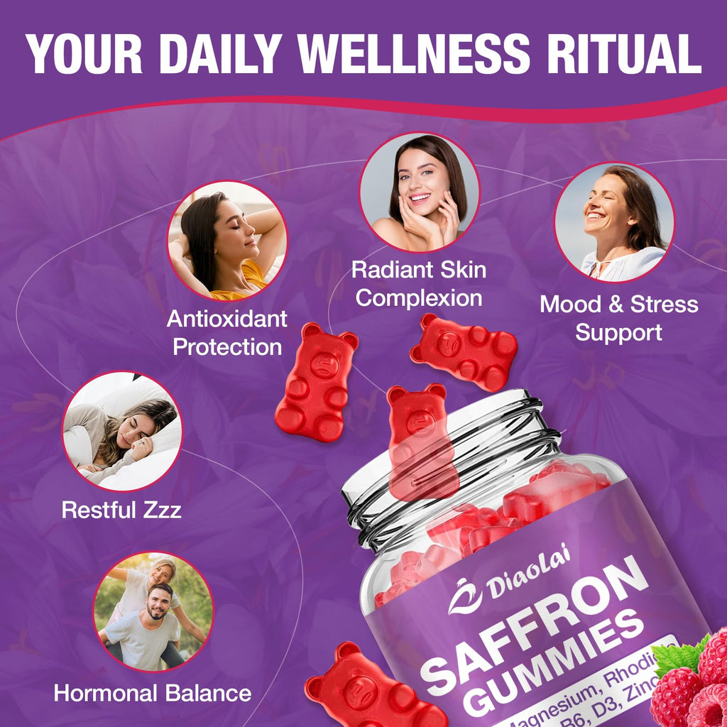Sugar free raspberry flavored saffron supplement gummies for mood support and relaxation.