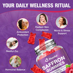 Sugar free raspberry flavored saffron supplement gummies for mood support and relaxation.