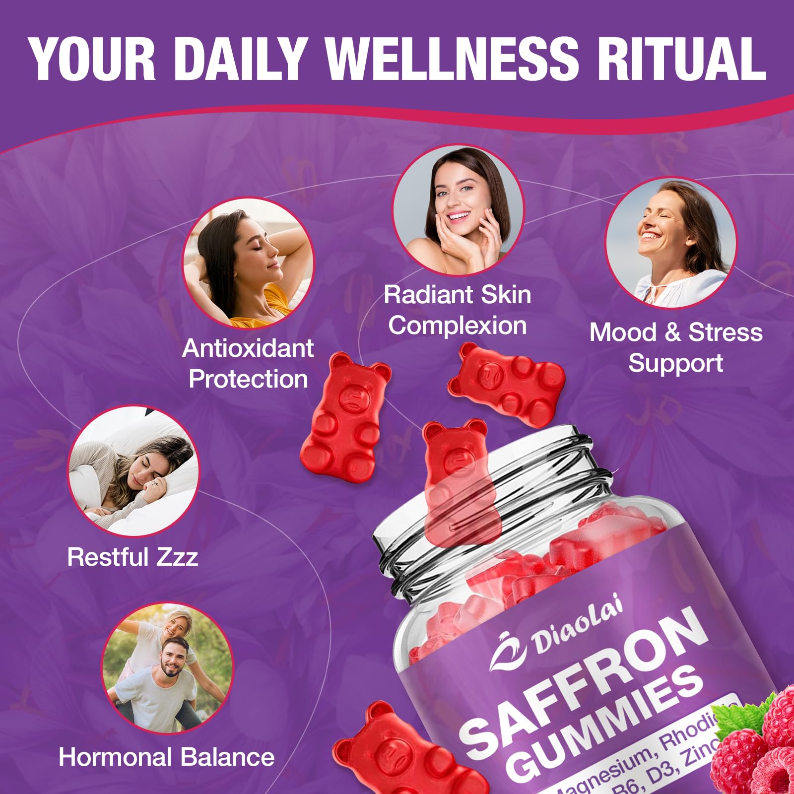 Sugar free raspberry flavored saffron supplement gummies for mood support and relaxation.