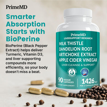 PrimeMD premium health supplement bottle displaying non-GMO and gluten-free certifications on the side label