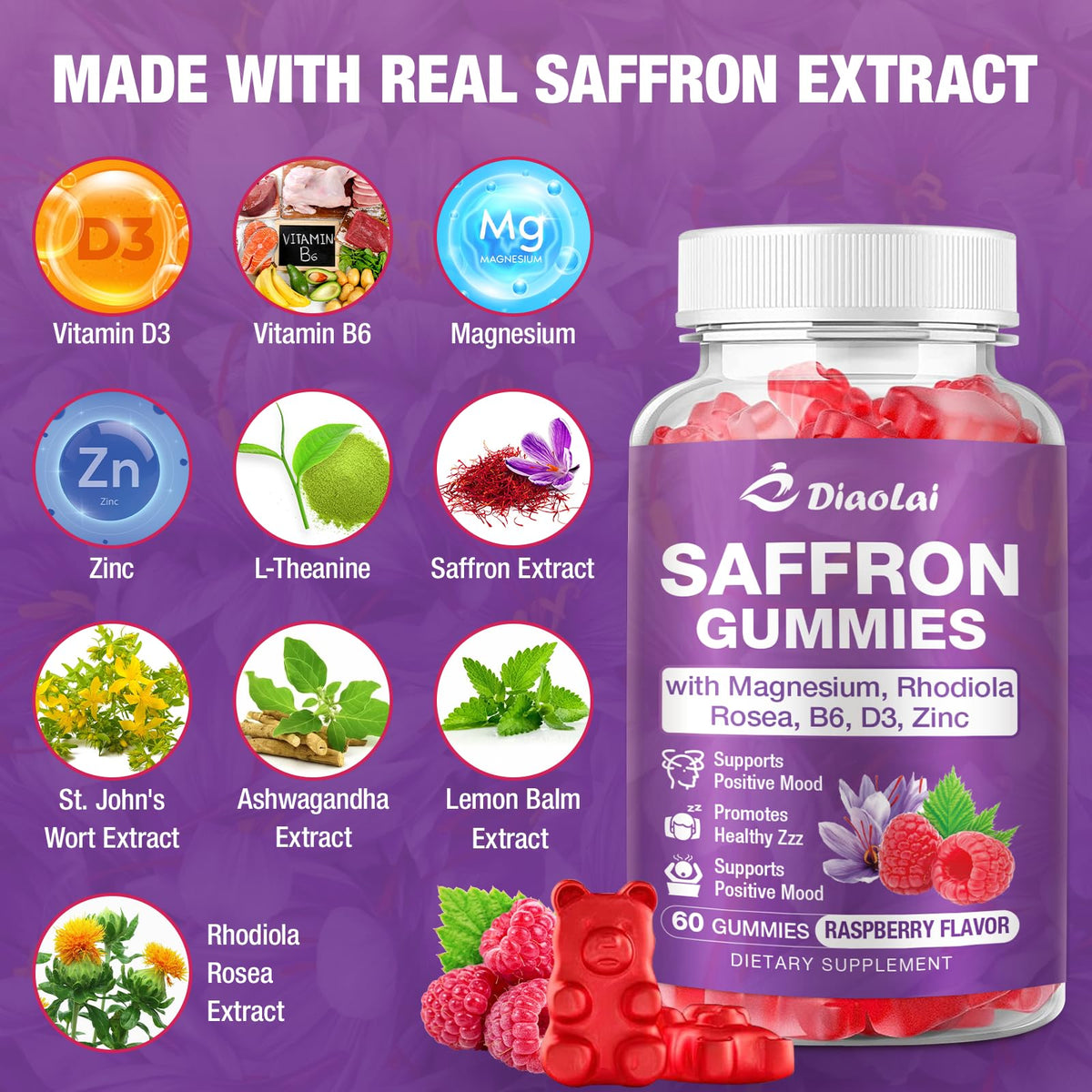 Authentic USA imported Youlikee Diaolai maximum strength saffron extract gummies packaging.