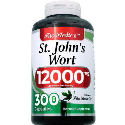 Fito Medic's St. John's Wort 12,000mg raw herb equivalent supplement facts panel close up view.