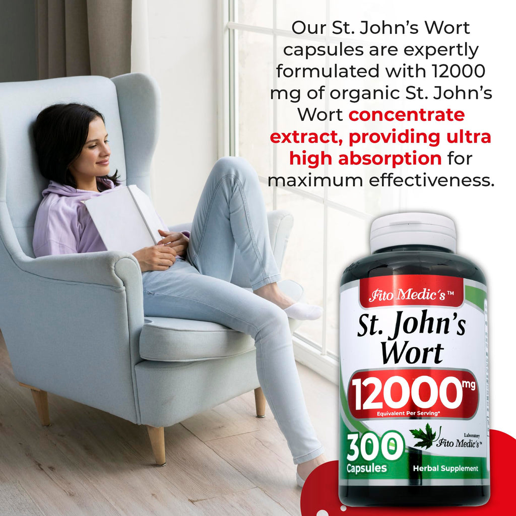 Fito Medic's St. John's Wort capsules showing clean dietary non-GMO and gluten-free badges.
