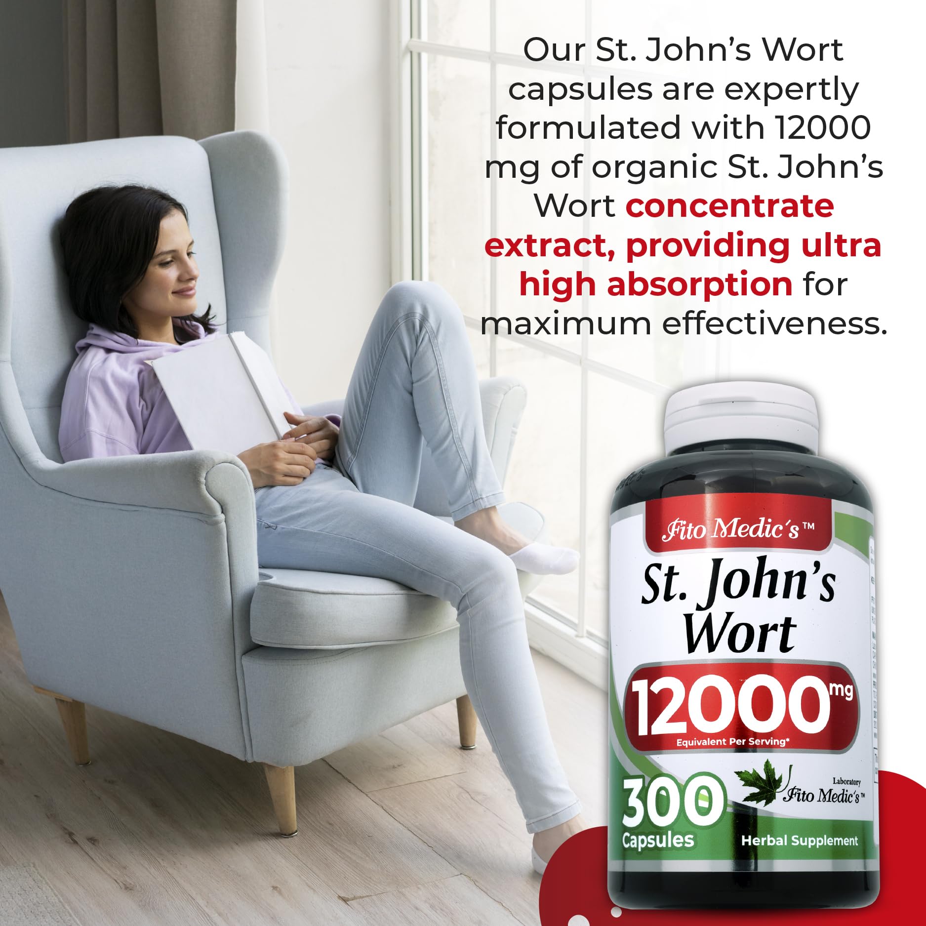 Fito Medic's St. John's Wort capsules showing clean dietary non-GMO and gluten-free badges.
