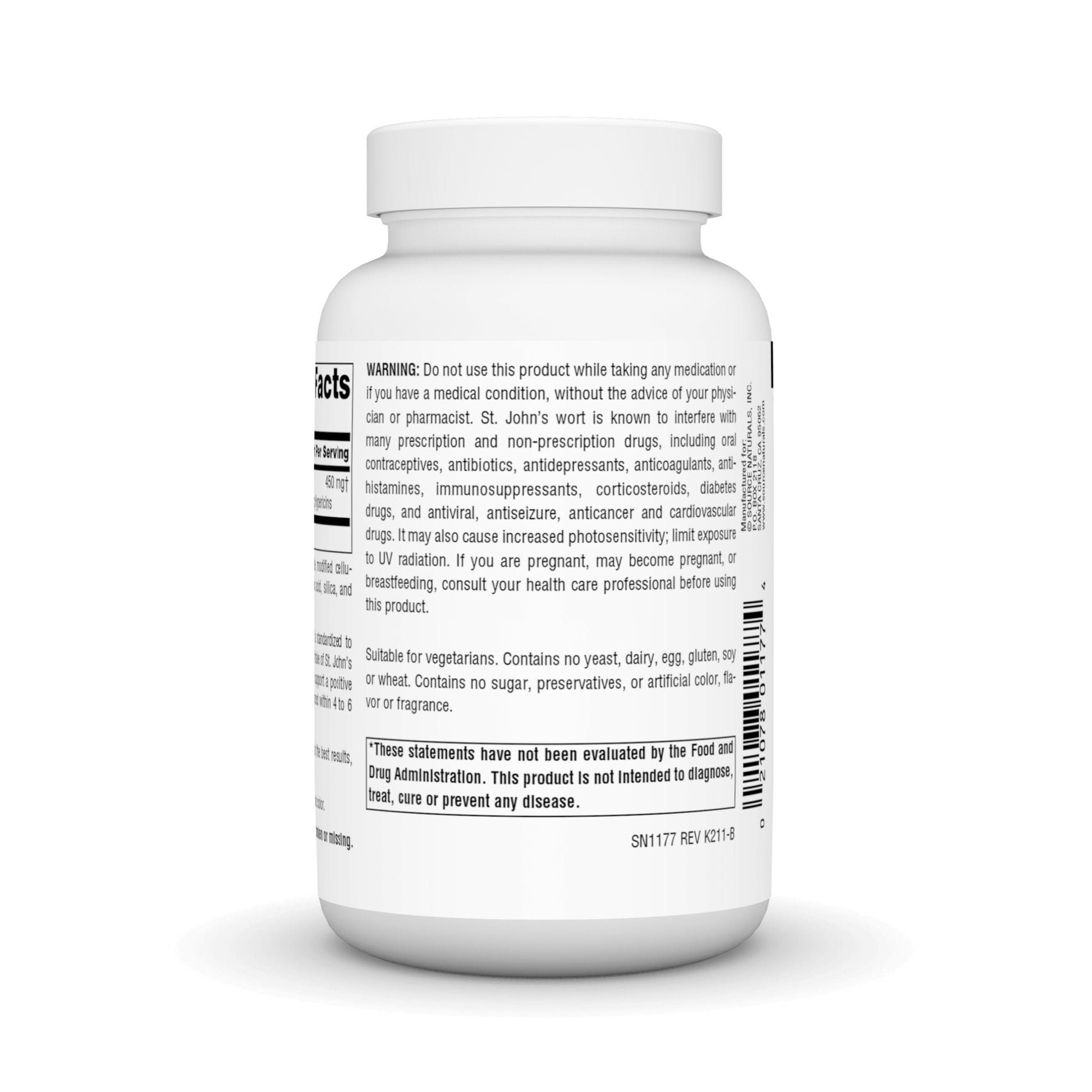 Side angle view of USA imported Source Naturals St Johns Wort dietary supplement