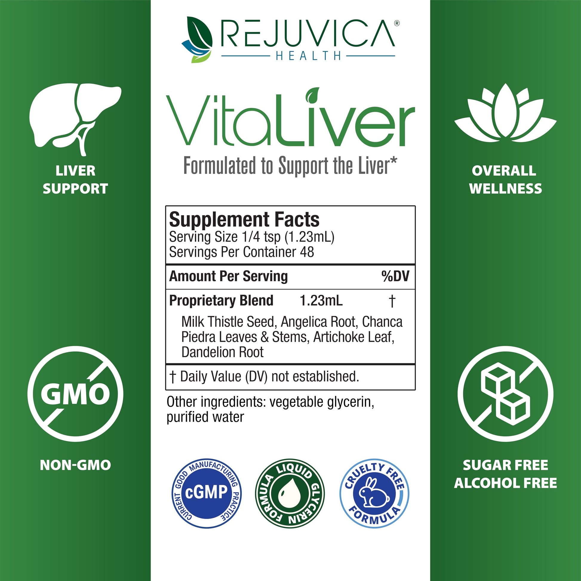 Packaging box and bottle of Rejuvica Health VitaLiver milk thistle support.