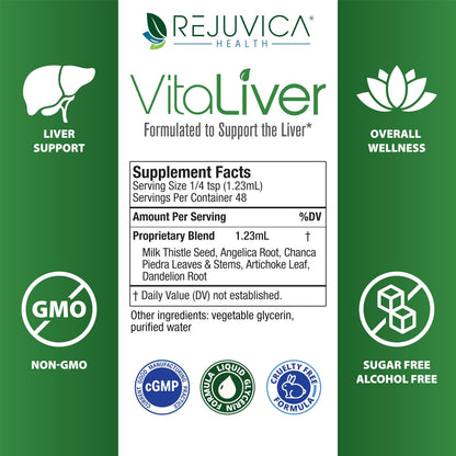 Packaging box and bottle of Rejuvica Health VitaLiver milk thistle support.