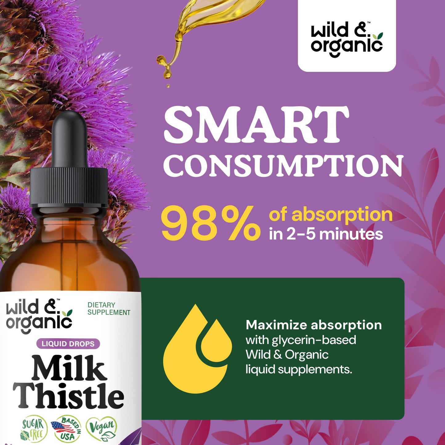 The packaging box of the USA imported Wild & Organic vegan milk thistle drops.