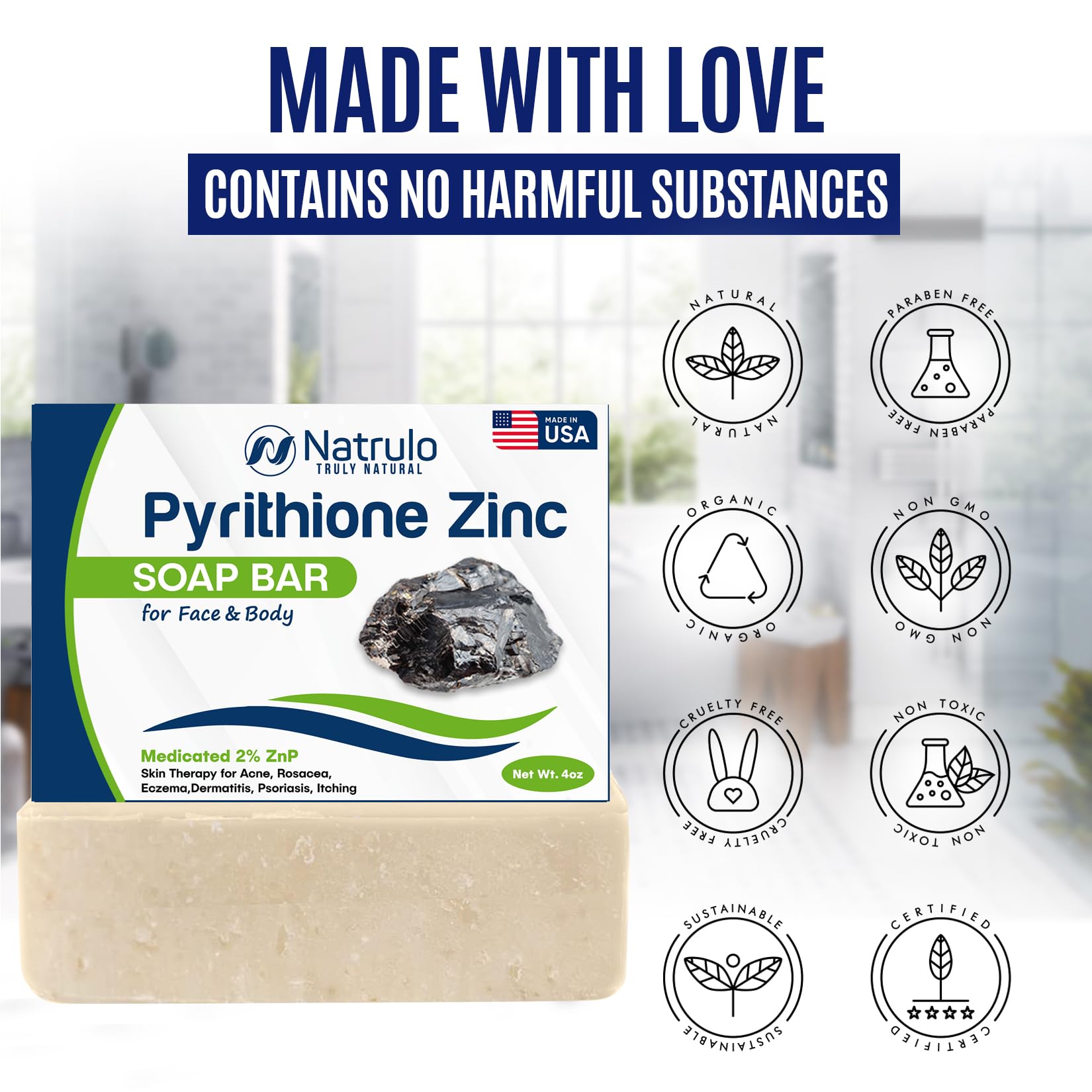Close-up of the natural textured pyrithione zinc face and body wash bar.