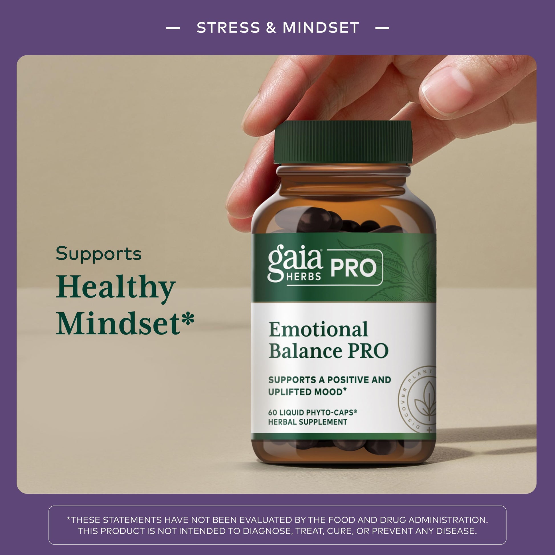 Back label of Gaia Herbs Pro Emotional Balance liquid phyto capsules detailing dietary supplement facts