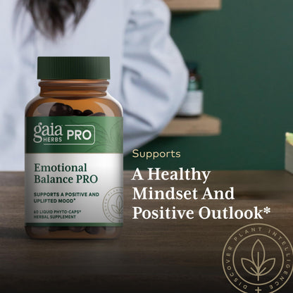 Close up view of authentic Gaia Herbs Pro emotional well-being capsules for stress resilience
