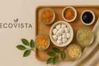 Back packaging label of EcoVista Low John Root showing product weight specifications and purity details.
