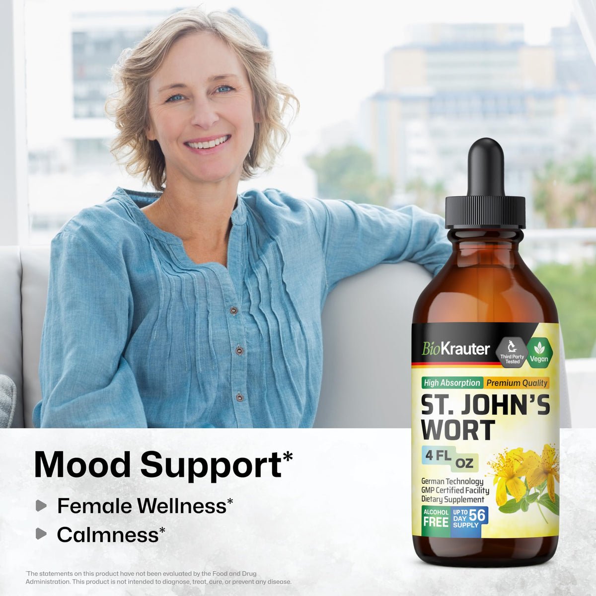 Bio Krauter St Johns Wort liquid extract bottle showing vegan and alcohol free labels