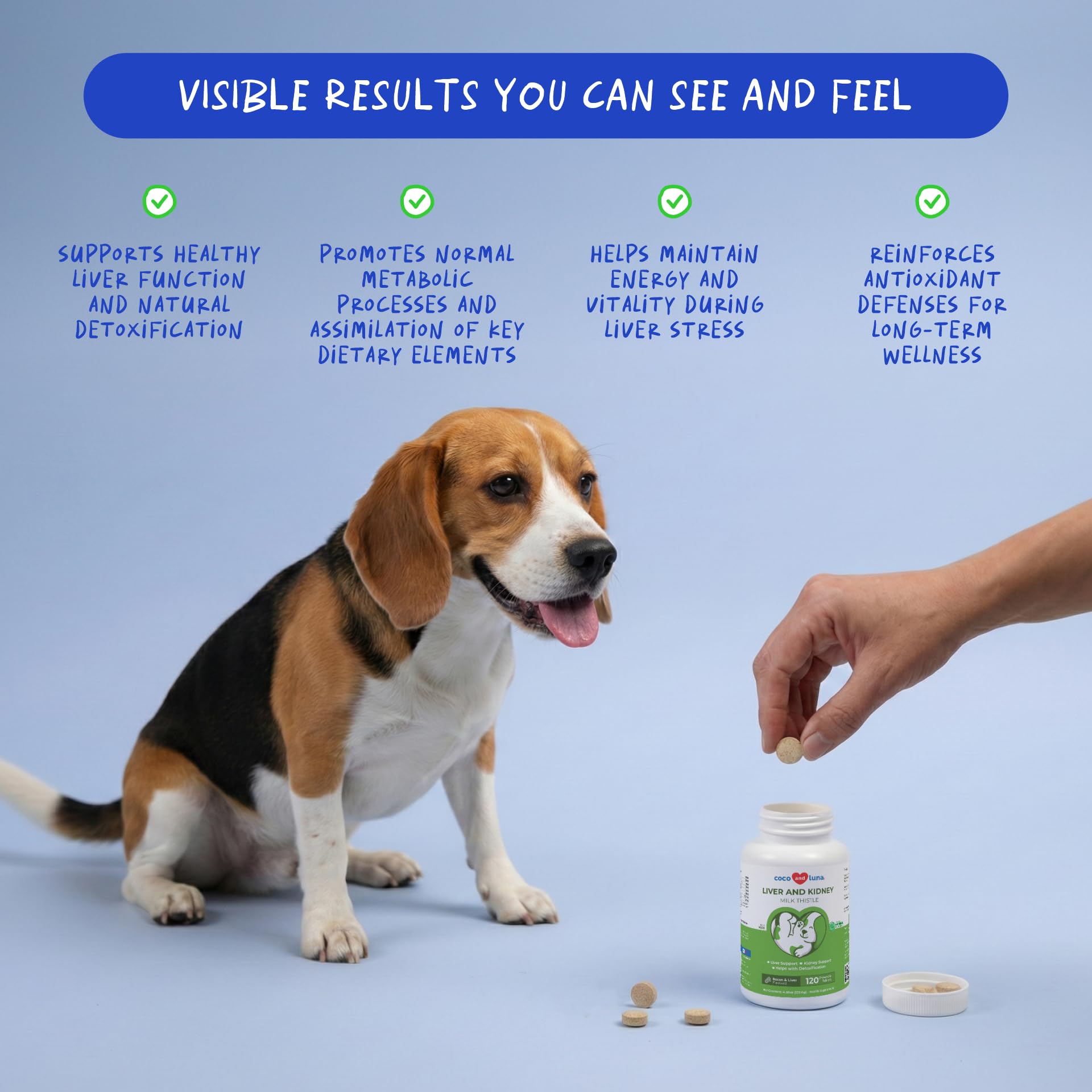 Coco and Luna canine liver and kidney detox supplement back label showing clear dosage instructions.