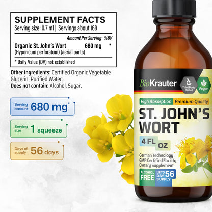 Hypericum perforatum herbal mood drops bottle with liquid dropper cap visible