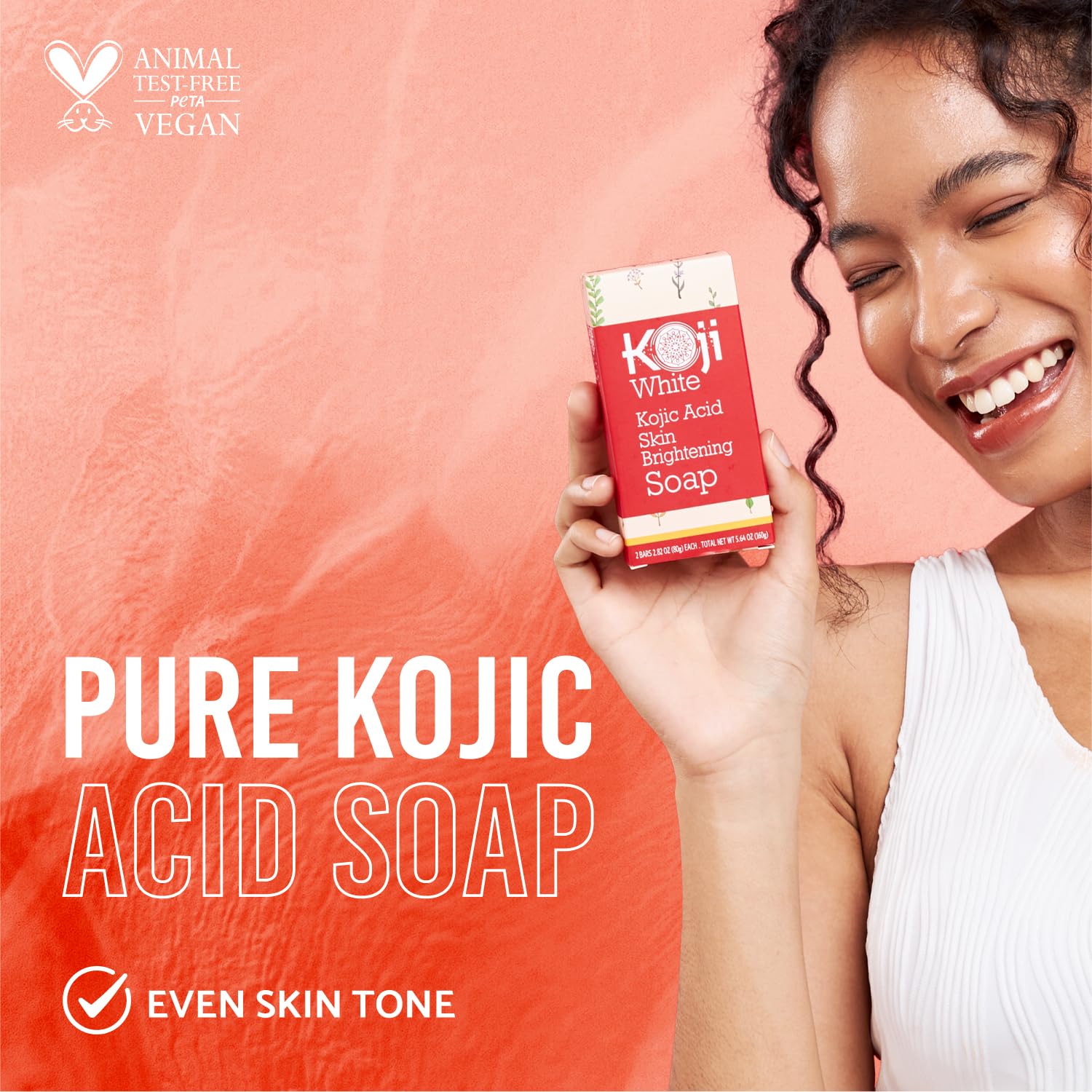 Koji White brightening soap revealing the ingredient callouts including hyaluronic acid and vitamin C.