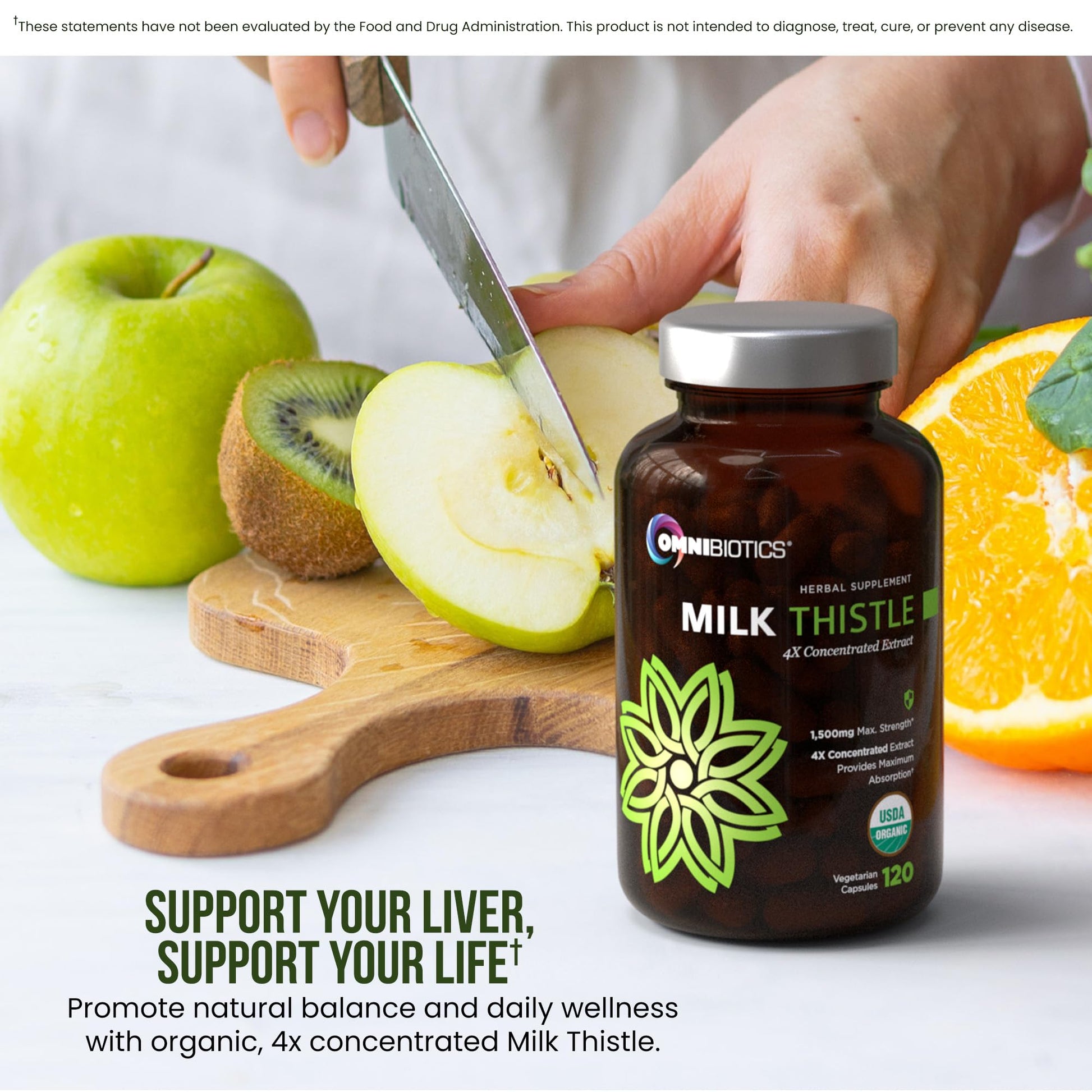 OmniBiotics non-GMO soy-free milk thistle herbal capsules poured on a surface