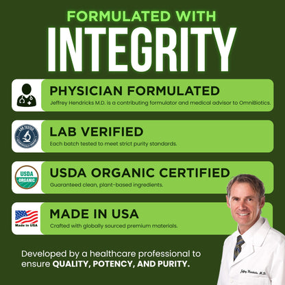 OmniBiotics milk thistle supplement bottle next to organic certified markings