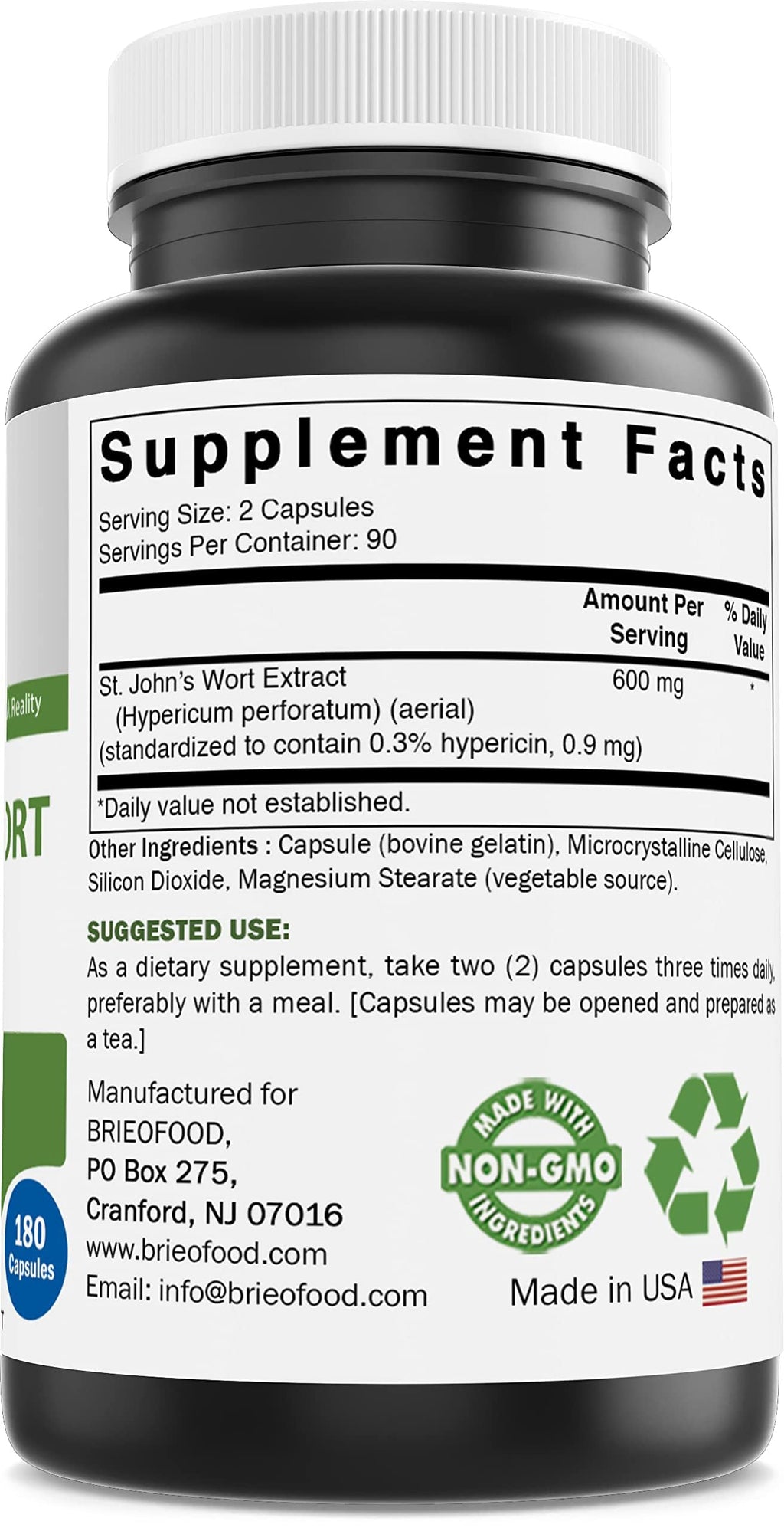 Brieofood Hypericum Perforatum supplement label view highlighting third party lab tested and allergen free features.