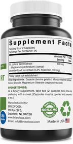 Brieofood Hypericum Perforatum supplement label view highlighting third party lab tested and allergen free features.