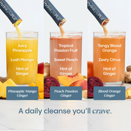 Hydralyte Plus 2 in 1 hydration powder being mixed into an eight ounce glass of water