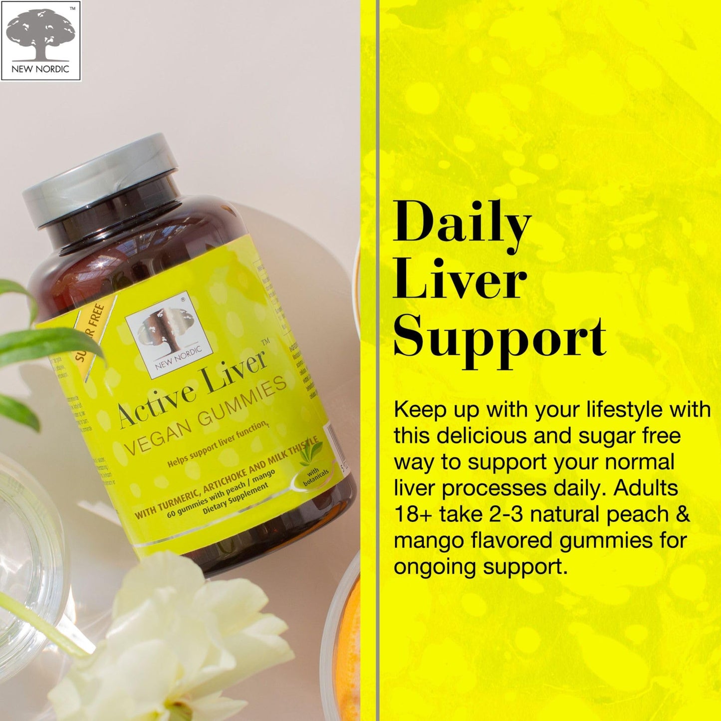 Side profile of New Nordic Active Liver vegan sugar free container displaying dietary certification stamps