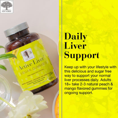 Side profile of New Nordic Active Liver vegan sugar free container displaying dietary certification stamps