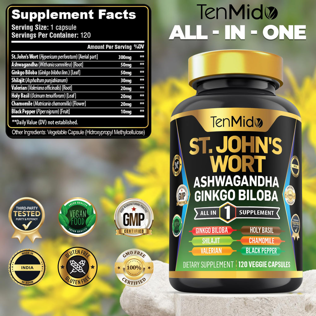 Tenmido St Johns Wort 8 in 1 formula supplement bottle showing supplement facts label