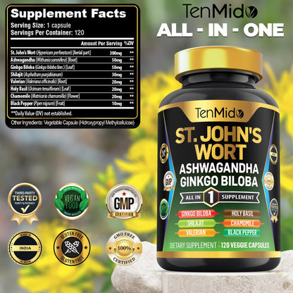 Tenmido St Johns Wort 8 in 1 formula supplement bottle showing supplement facts label