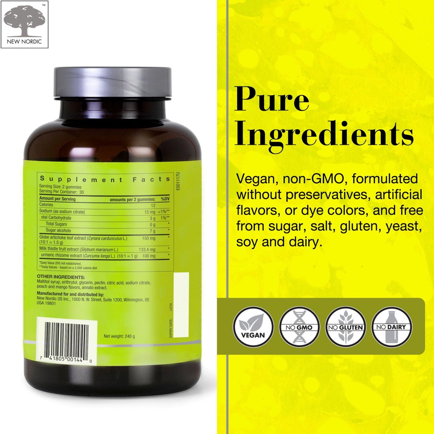 Back label view highlighting instructions and precautions for New Nordic Active Liver 60 count bottle