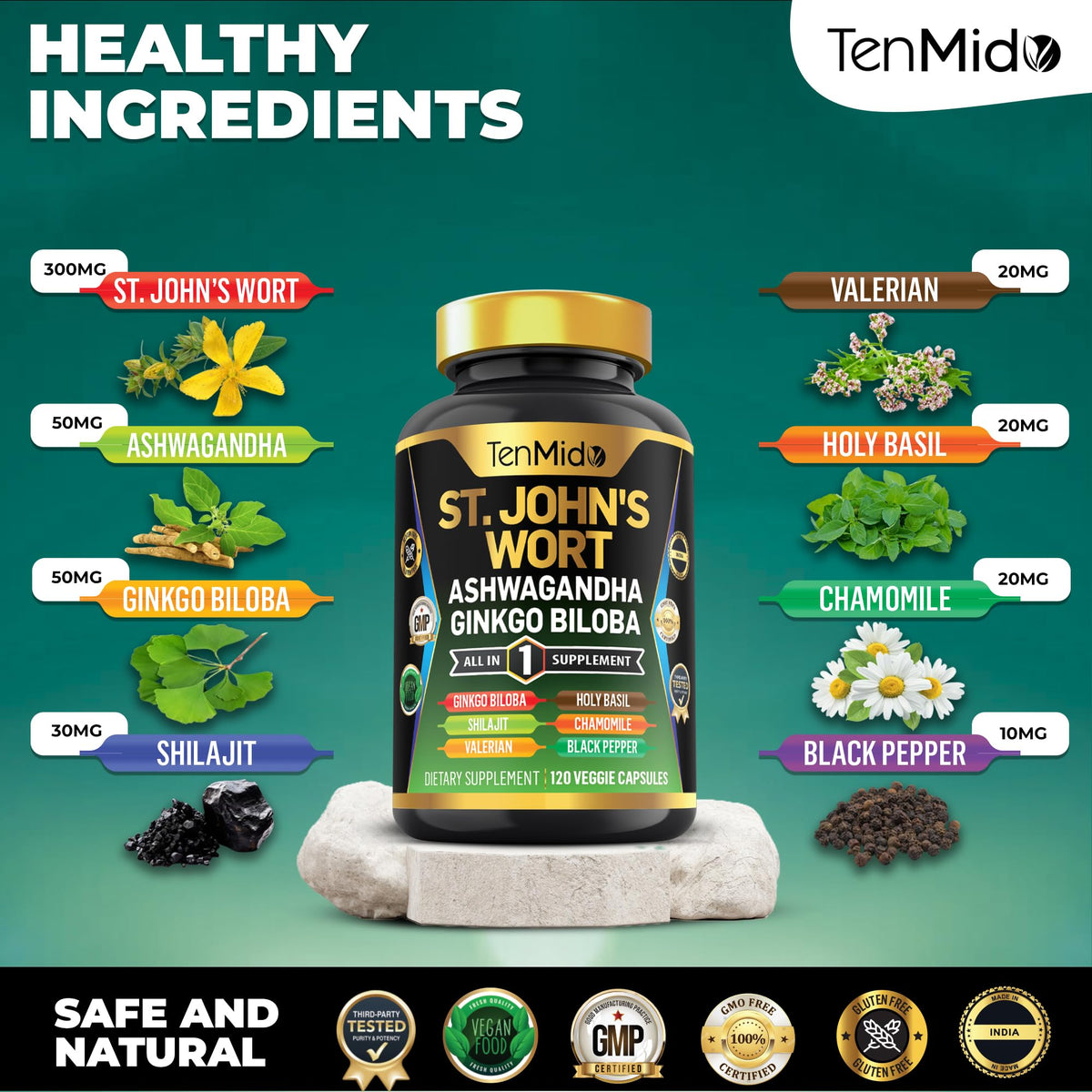 Tenmido St Johns Wort advanced herbal capsules highlighting Ashwagandha and Ginkgo Biloba