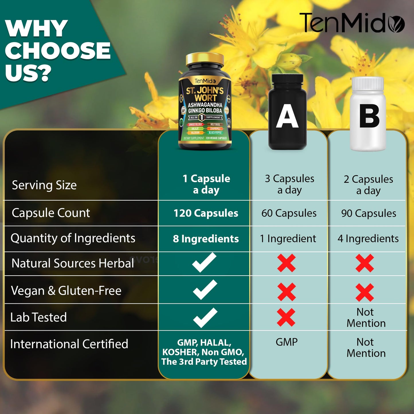 Tenmido St Johns Wort complex dietary supplement displaying premium vegan capsules