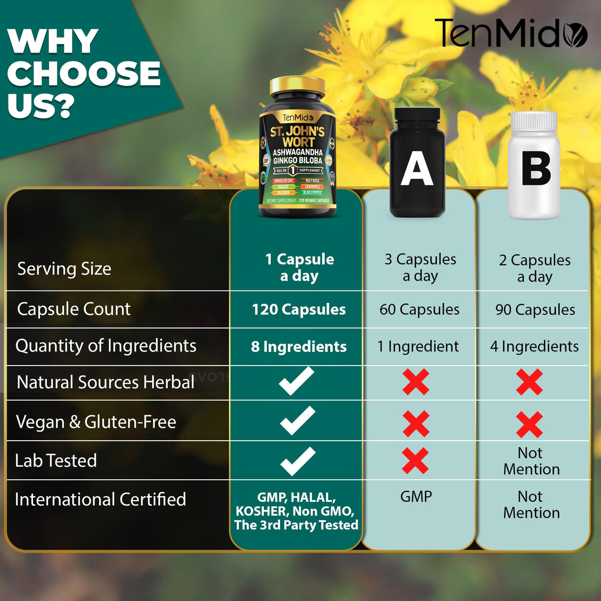 Tenmido St Johns Wort complex dietary supplement displaying premium vegan capsules