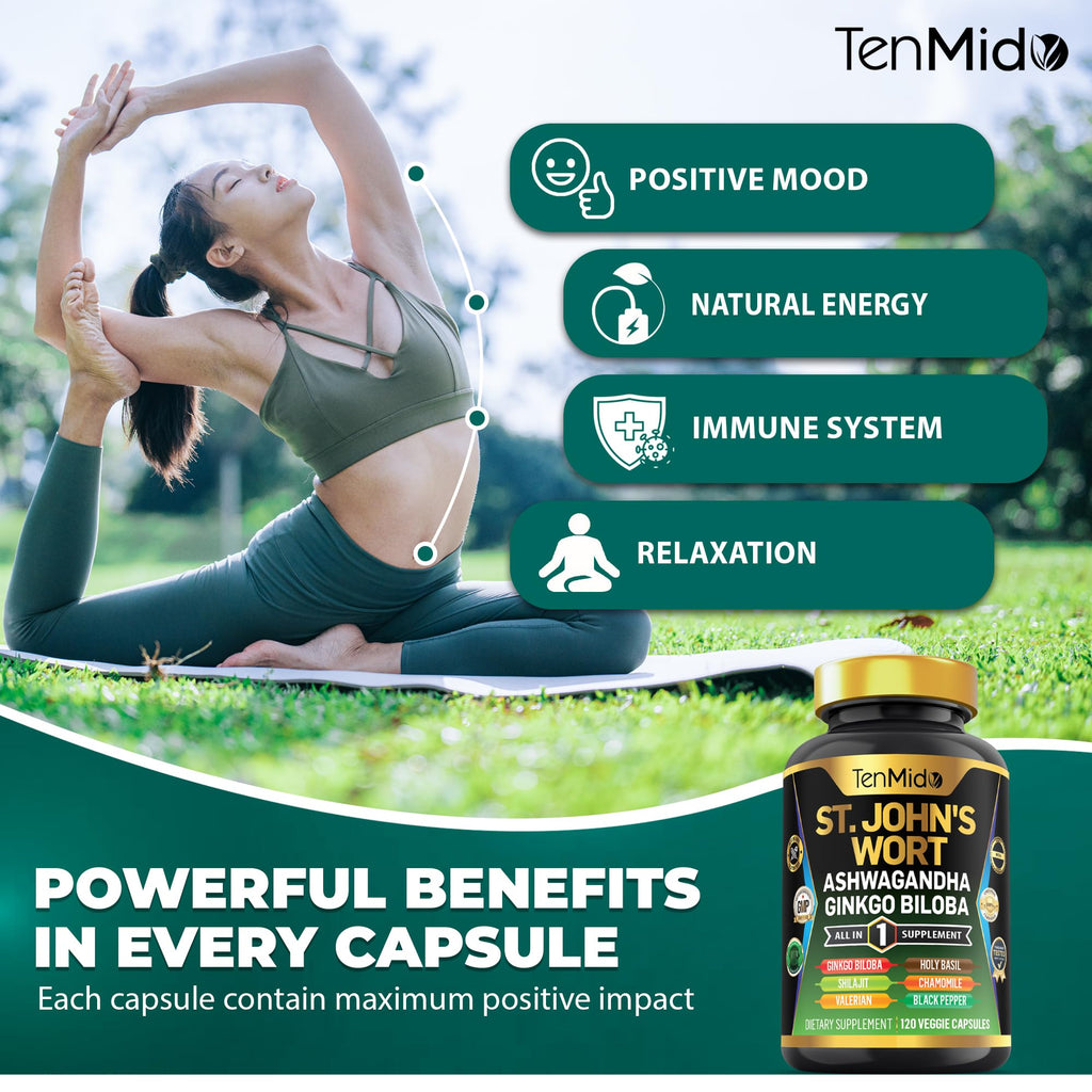 Tenmido St Johns Wort imported stress relief supplement bottle sitting upright