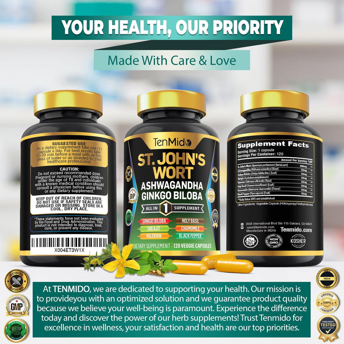 Tenmido St Johns Wort authentic USA imported wellness supplement packaging graphics