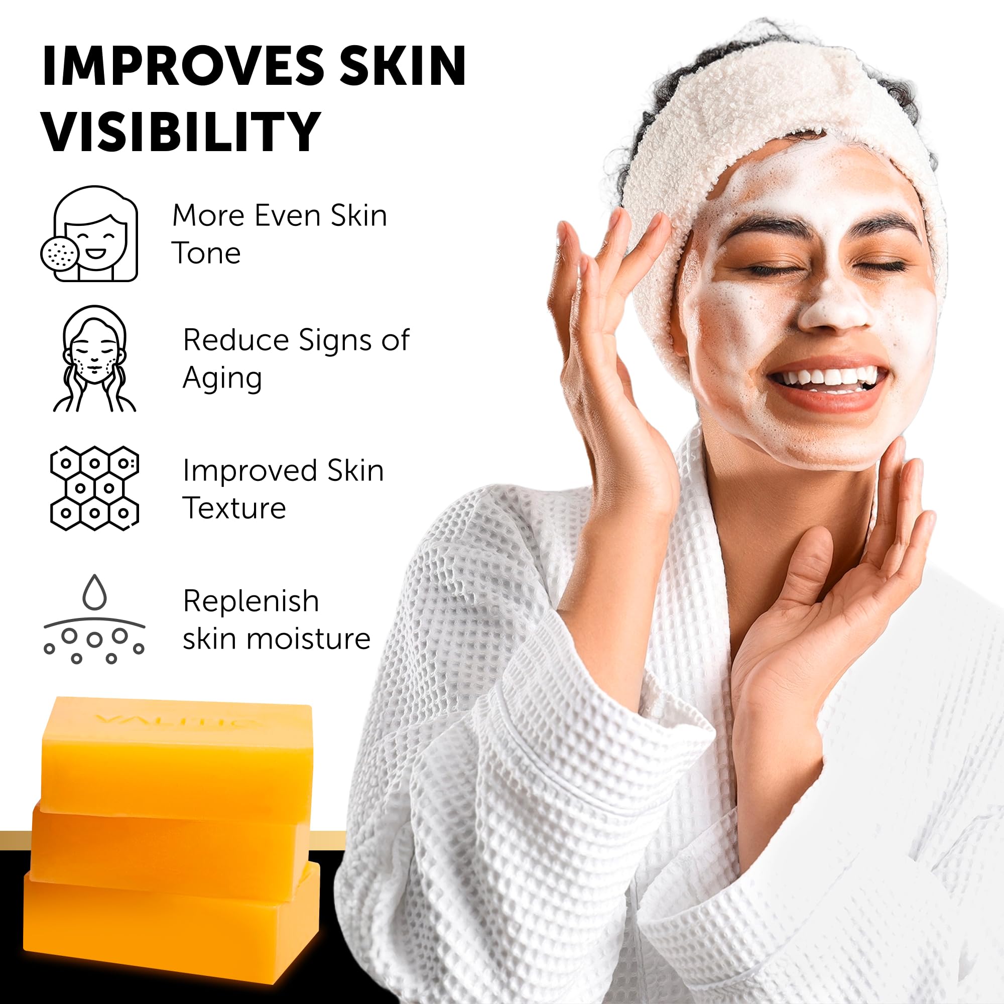 The complete VALITIC dark spot corrector soap bundle pack showing three natural bars and one body exfoliating mesh net.