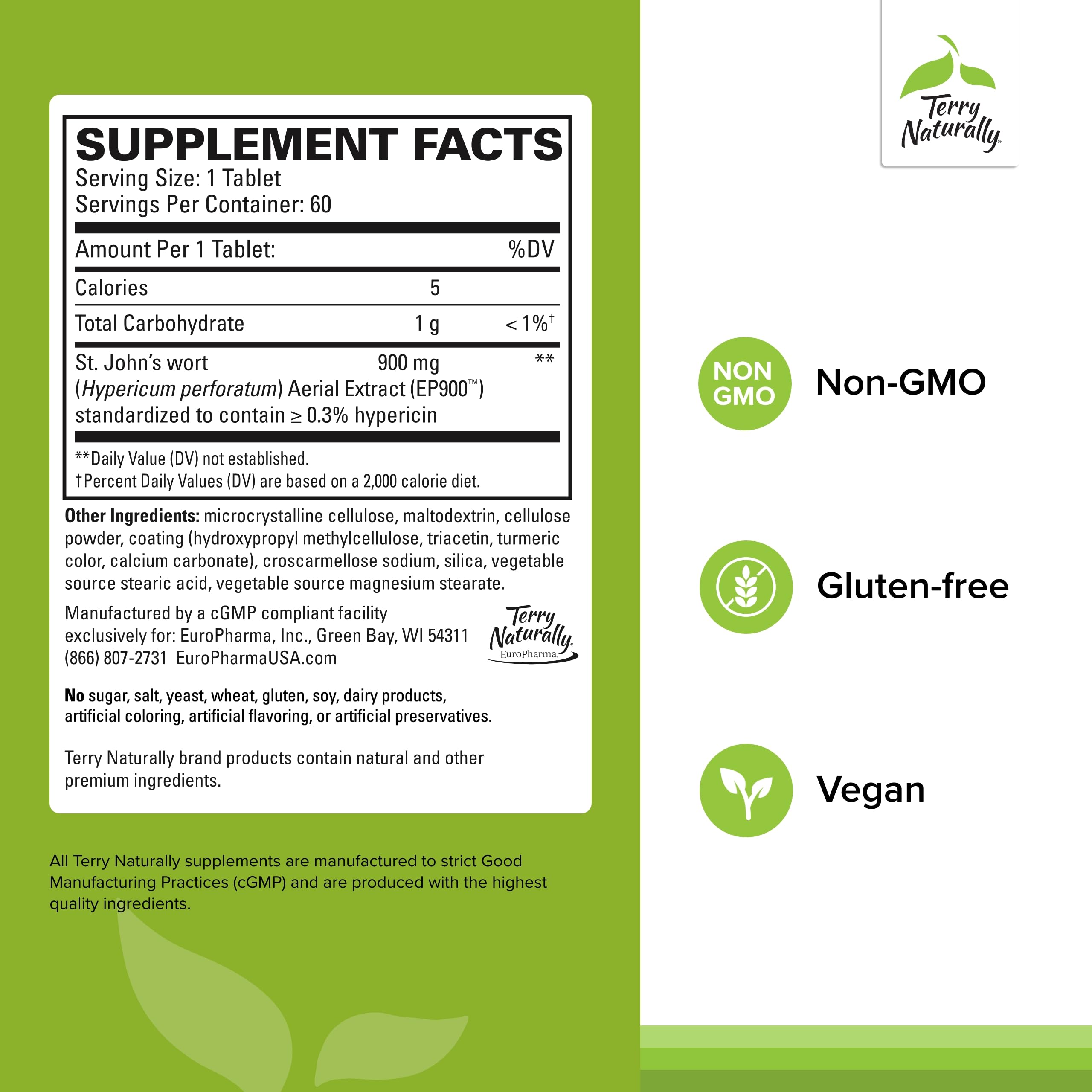 Terry Naturally St Johns Wort 900mg clinical strength supplement label details