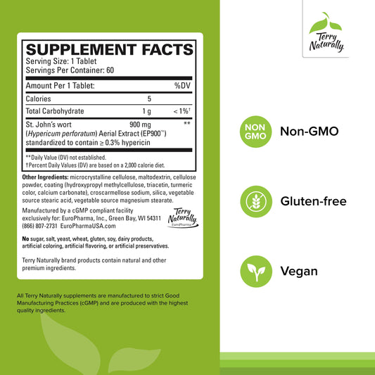 Terry Naturally St Johns Wort 900mg clinical strength supplement label details