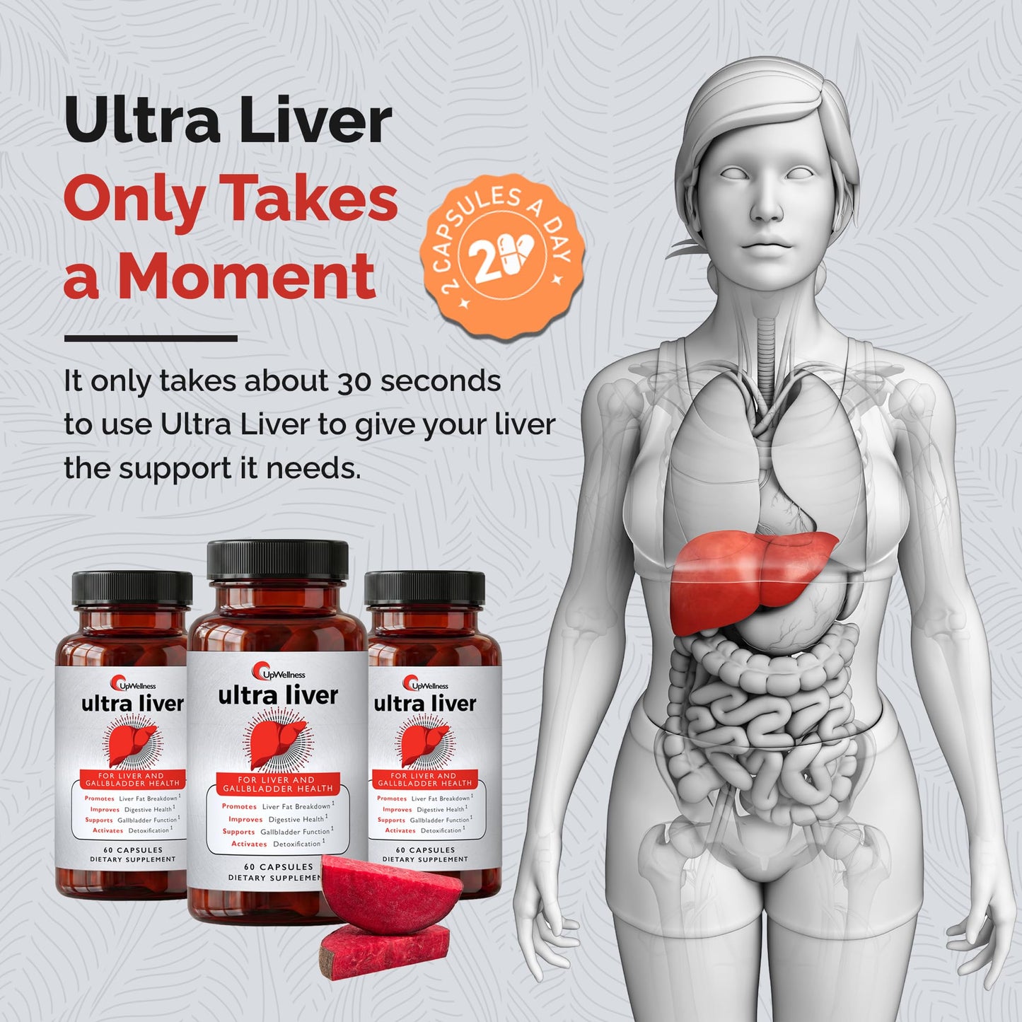 Imported UpWellness Ultra Liver and gallbladder health supplement bottle graphics