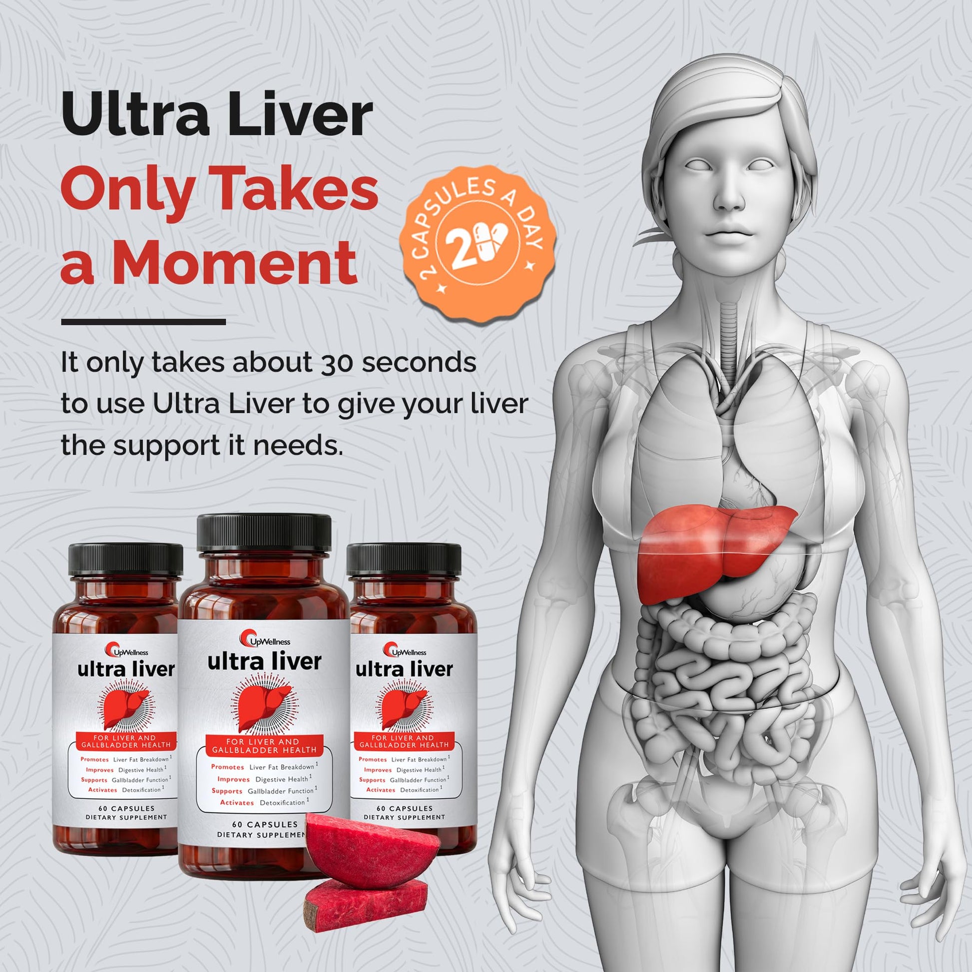 Imported UpWellness Ultra Liver and gallbladder health supplement bottle graphics